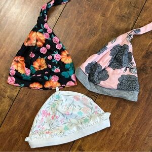 Floral Baby Girl Beanie Set - Pink, Black, White